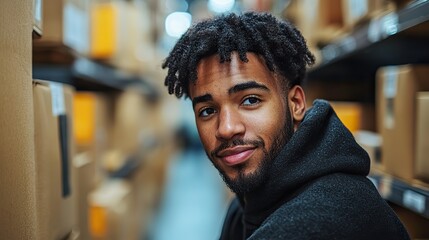 A young man assembles a shelf, DIY amidst moving boxes, creating a new space.