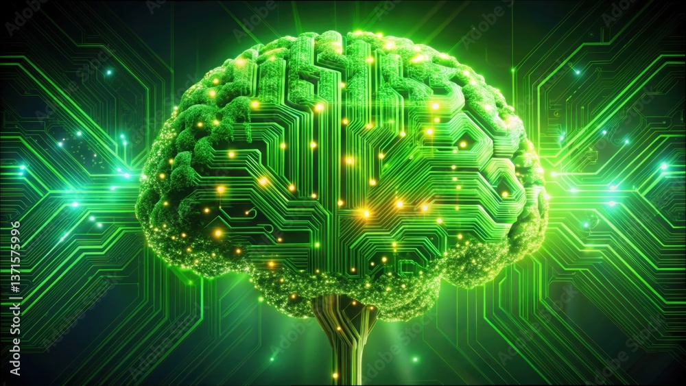 Poster futuristic green brain graphic representing ai and innovation concepts