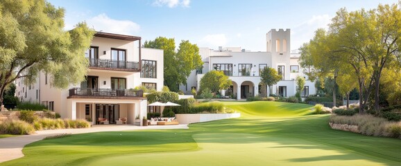 Luxurious villas nestled on a lush green golf course, bathed in sunlight.  Landscaped gardens surround the elegant homes