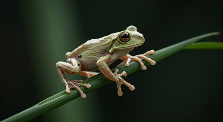 Obraz premium Gentle Emerald Gaze: A Tree Frog's Perch on Verdant Blade