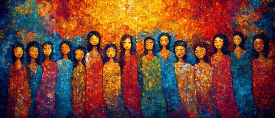 Colorful abstract representation of diverse people standing together  