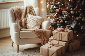 Obraz premium Cozy christmas setting with gifts armchair and decorated tree