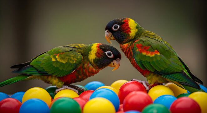 Vibrant Pair of Black-Headed Caiques Perched atop a Colorful Ball Pit