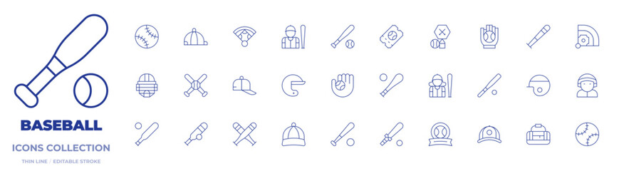 Baseball icons collection. Thin Line icons, editable stroke. catcher mask, field, baseball, baseball cap, baseball player, baseball bag, baseball bat
