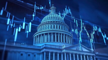 The U.S. Capitol building prominently featured against a dynamic stock market chart backdrop in a vibrant blue color theme, rendered in ultra-high-definition with hyper-realistic details. This concept