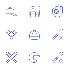 Baseball icons set. Thin Line style, editable stroke. field, baseball cap, baseball player, baseball bat, helmet, baseball glove, baseball
