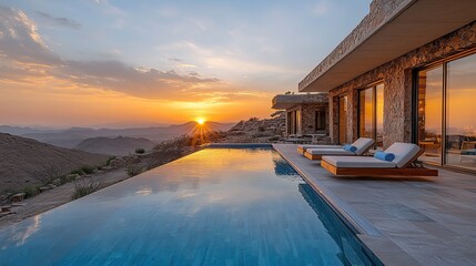 Fototapeta premium At sunset, a tranquil desert landscape reflects in an infinity pool at a luxury resort, providing a serene and relaxing holiday experience.