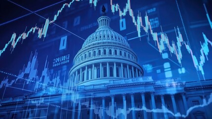 The U.S. Capitol building prominently featured against a dynamic stock market chart backdrop in a vibrant blue color theme, rendered in ultra-high-definition with hyper-realistic details. This concept
