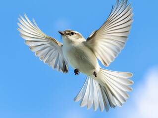 Obraz premium Beautiful white bird in flight soaring against a clear blue sky