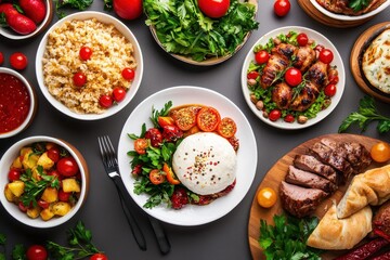 A vibrant spread of various colorful dishes, showcasing a culinary feast of flavors and textures.