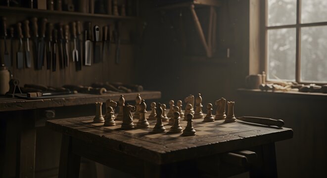A thoughtful strategy game of chess is placed amidst a rustic workshop scene