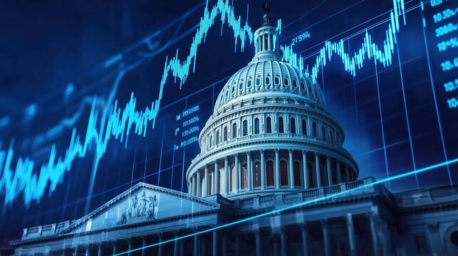 The U.S. Capitol building prominently featured against a dynamic stock market chart backdrop in a vibrant blue color theme, rendered in ultra-high-definition with hyper-realistic details. This concept