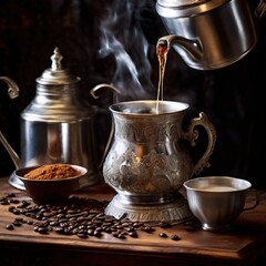 an AI Image Generator, Freshly Brewed Coffee Poured Into a Glass Amidst Roasted Beans