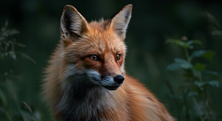 Fototapeta premium Captivating portrait of a red fox amid natural foliage surroundings in dusk