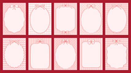 Pretty frames from ribbon with bows with space for text. Vintage ribbon frames cards on red background. Cute cards for invitation or holiday.