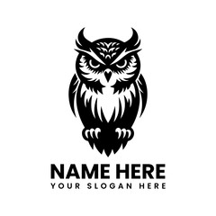 Monochrome owl illustration. Mysterious bird art vector logo