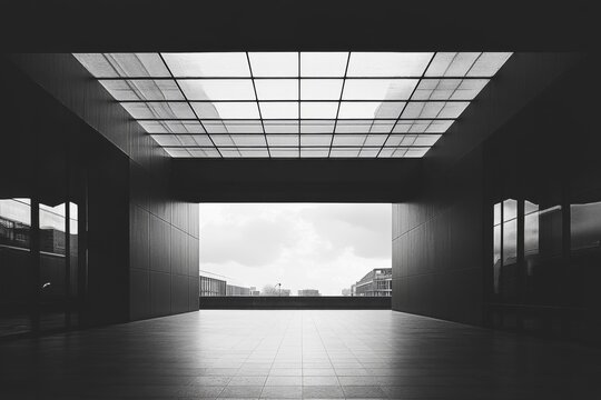 Black and white abstract view of symmetrical modern architectural interior with skylight