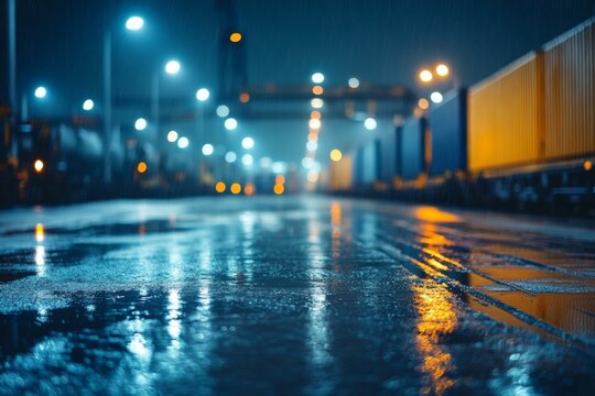 Empty wet street at night with glowing streetlights and reflections on asphalt