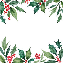 Fototapeta premium Festive Holly and Berries Border for the Holidays