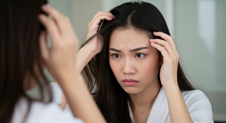 A young Asian woman in her 20s looking worried while examining her reflection in a mirror, displaying concern about her appearance and emotional state in a well-lit indoor setting.