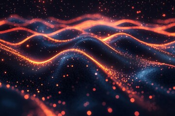 Obraz premium Red particles forming glowing digital wave on black background