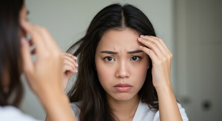 Obraz premium Young Asian Woman with Long Hair Examining Her Reflection in a Mirror, Expressing Concern or Worry About Her Skin and Appearance