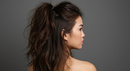 A profile portrait of a young Asian woman with long, wavy hair styled in a high ponytail, showcasing a modern and stylish look against a muted gray background.