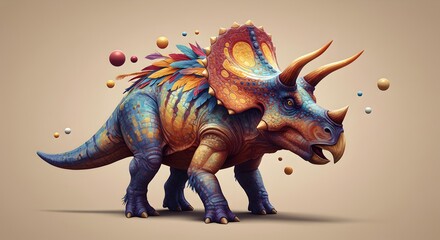 Fototapeta premium Whimsical Triceratops with Vibrant Plumage and Playful Spheres Illustration
