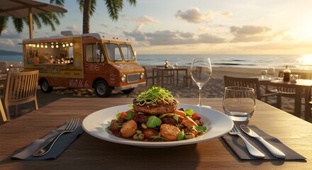 Exclusive beachfront dining experience with food truck and gourmet dish