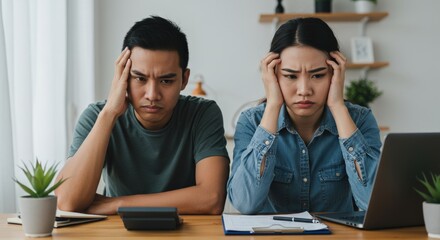 A young Asian man and woman in casual clothing stressfully deal with financial issues at home, surrounded by a laptop, paperwork, and a phone as they face economic challenges.