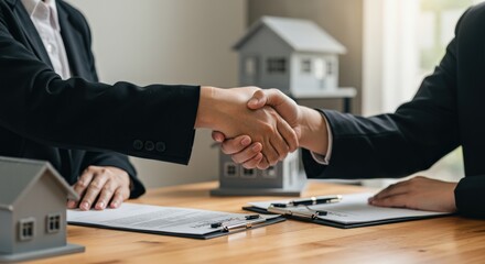 Professional Handshake Between Two Male Businessmen in Suits Over Property Contracts on a Wooden Table with Model Houses in a Bright Office Environment