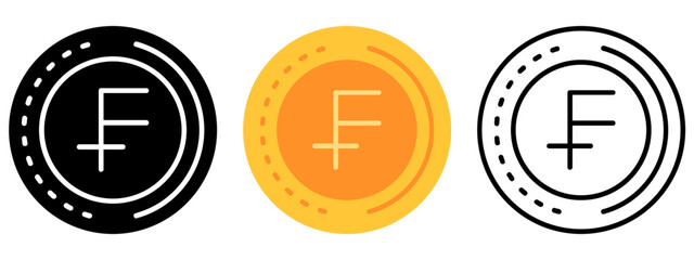 Swiss France Currency Coin Icon, Currency coin Collection of Line, Glyph and Flat, Set of Country Currency Coin
