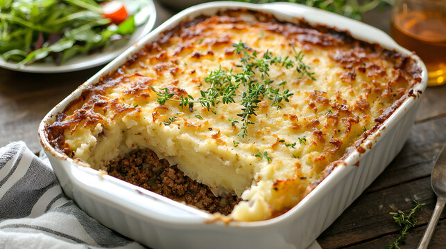 Savory Hachis Parmentier Dish with Golden Crust and Fresh Thyme on Rustic Wooden Table