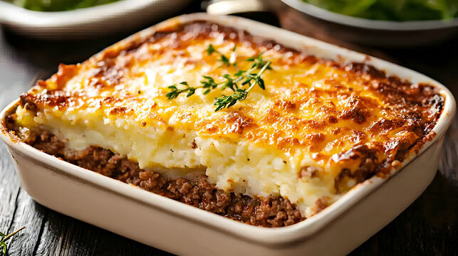 Savory Hachis Parmentier Dish with Fluffy Mashed Potatoes and Tender Meat on Rustic Wooden Table