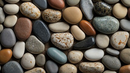 A close-up view of colorful and smooth pebbles, showcasing various shapes and colors. Perfect for backgrounds, nature themes, or texture illustrations.