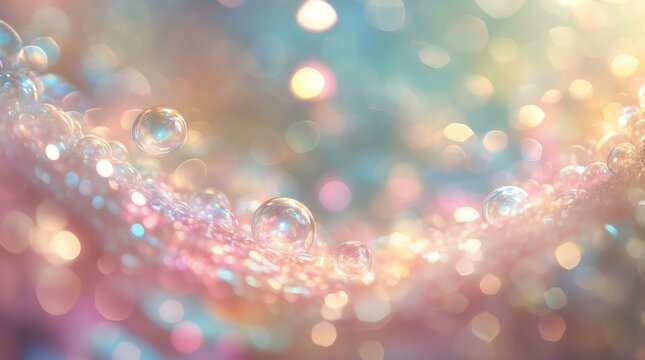 A close-up view of colorful soap bubbles reflecting light, creating a dreamy, abstract background filled with shimmering colors and textures.