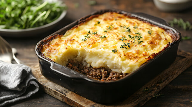 Savory Hachis Parmentier Dish with Golden Potato Topping in Rustic Setting on Wooden Table