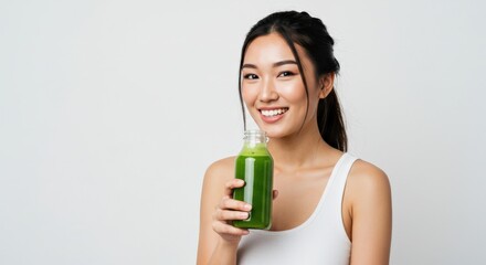 A young Asian woman with long dark hair smiling joyfully while holding a green juice in a clear bottle against a minimalist white background.
