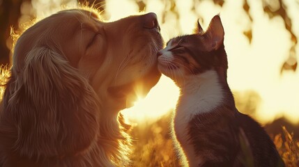 Heartwarming Moment Between Dog and Cat Under Golden Sunset Light