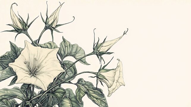Botanical illustration of moonflower with detailed drawing of plants