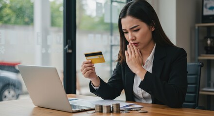 A young Asian woman in a business suit, appearing distressed while analyzing financial statements and holding a credit card at her office desk, contemplating financial issues.