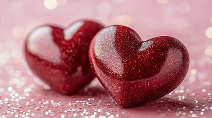Fototapeta premium Creating a romantic atmosphere perfect for Valentine's Day, anniversaries, or expressions of love and affection, two red velvet hearts cast shadows on a sparkling pink background.