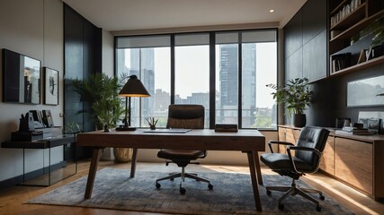 Fototapeta premium A modern office space featuring a stylish desk, comfortable chair, and large windows with a city view, reflecting a professional and productive atmosphere.