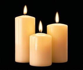 Tranquil arrangement of three lit white candles in varying sizes and shapes, set against a dark background.