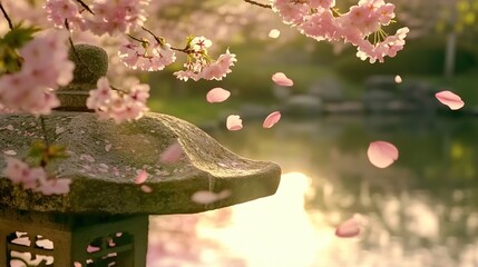 Pink cherry blossoms with falling petals beside stone lantern by pond. Beautiful natural scenery with soft sunlight in garden, springtime tranquil outdoor view.

