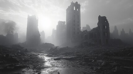 Ruined cityscape with destroyed buildings and debris. Foggy, sunlit scene of post-disaster urban destruction, showing collapsed structures and wreckage.

