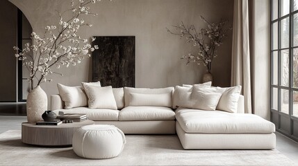Living room interior with spring decor, beige sofa, vases, pouf, and stylish accessories and decor. 
