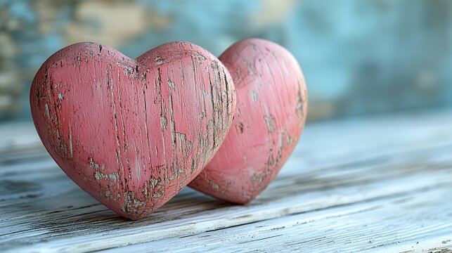 Creating a romantic vibe for various celebrations, two pink wooden hearts rest on a white wooden table against a light blue and gray textured background.