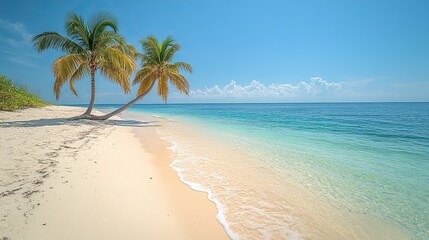 Obraz premium Creating a serene and idyllic tropical paradise scene, two palm trees lean over a white sand beach with turquoise water gently lapping at the shore.