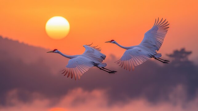 Creating a serene scene of wildlife in its natural habitat, two red-crowned cranes soar gracefully over a misty mountain range, wings outstretched against warm sunset hues.